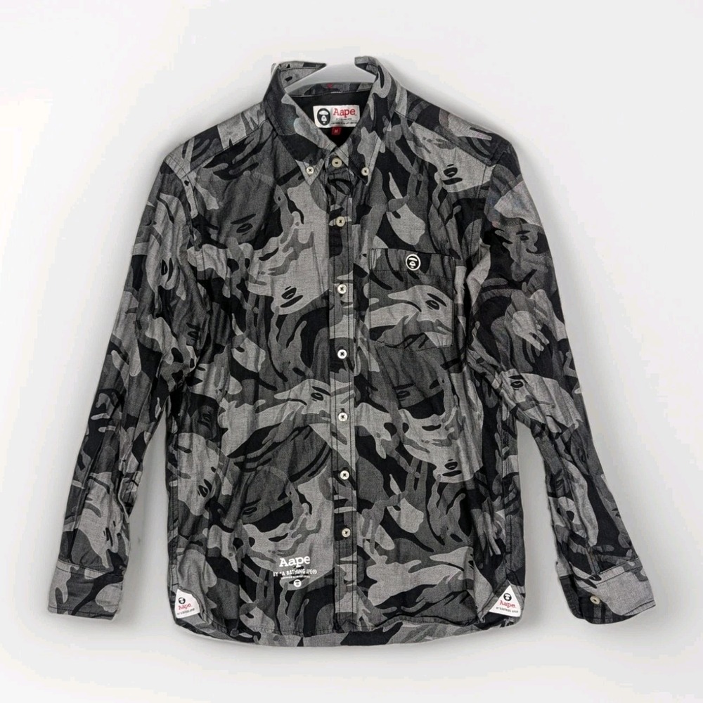 AAPE By a Bathing Ape Long Sleeve Button Down Shirt Men's Medium Camo Slim Fit